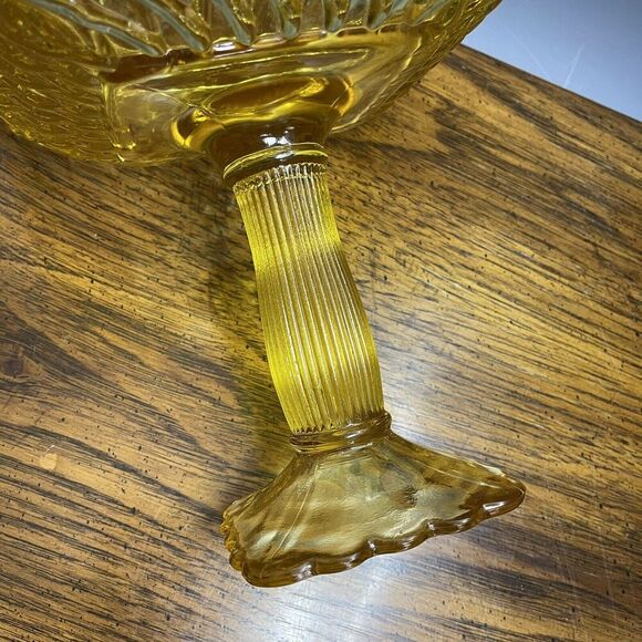 LE Smith Footed Trellis Square Compote Bowl Vase Weave Yellow Glass LARGE‎ 8.5"H - Picture 11 of 14